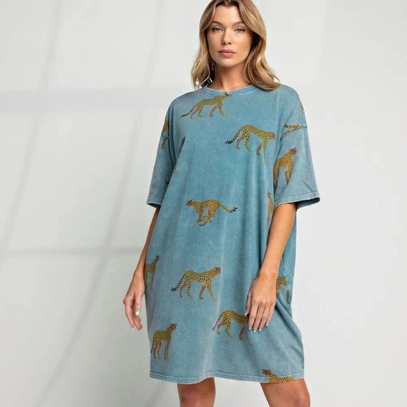 Easel Cheetah Print Mineral Washed T-Shirt Dress New - Picture 3 of 5